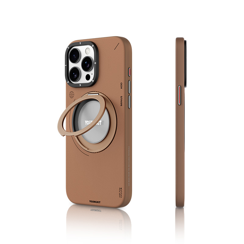 Apple iPhone 15 Pro Max Uyumlu Kılıf M-safe Şarj Özellikli 360° Standlı Basit Mat Deri Desenli Youngkit Tech Leather Serisi Kapak