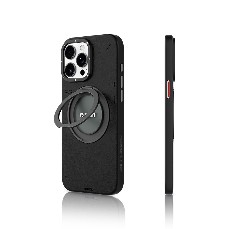 [RNZ-TA112623] Apple iPhone 15 Pro Max Uyumlu Kılıf M-safe Şarj Özellikli 360° Standlı Basit Mat Deri Desenli Youngkit Tech Leather Serisi Kapak (Siyah)