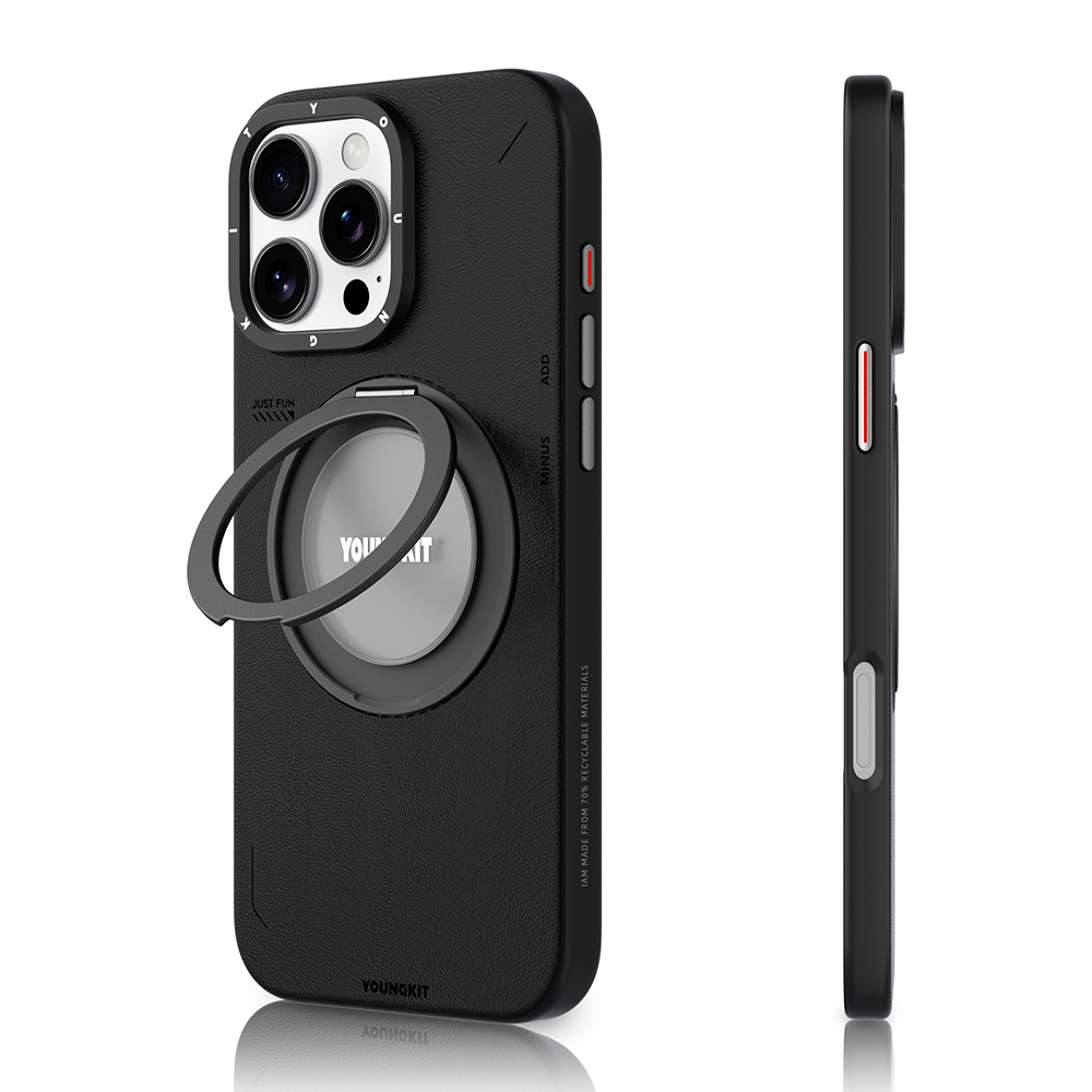 [RNZ-TA112629] Apple iPhone 16 Pro Max Uyumlu Kılıf M-safe Şarj Özellikli 360° Standlı Basit Mat Deri Desenli Youngkit Tech Leather Serisi Kapak (Siyah)