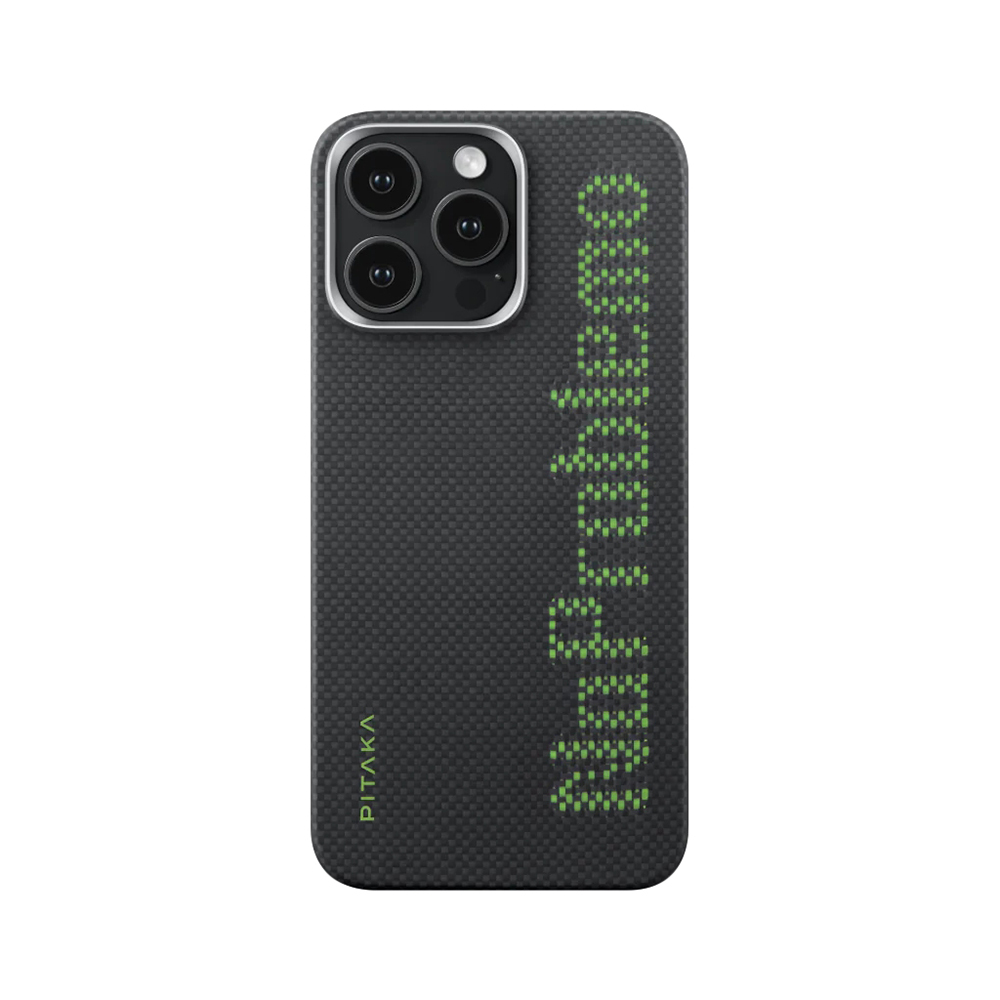 [RNZ-TA113131] Apple iPhone 15 Pro Max Uyumlu Kılıf M-safe Şarj Özellikli Lumintex Teknolojili Fosforlu Aramid Fiber Pitaka Tactile Woven Aries Serisi Kapak (Siyah)