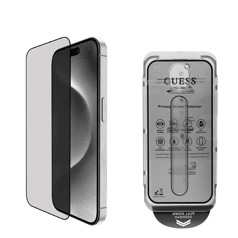 Apple iPhone 16 Pro Max Uyumlu Guess Orjinal Lisanslı Hayalet Privacy Temperli Cam Ekran Koruyucu Uygulama Aparatlı Outline Serisi