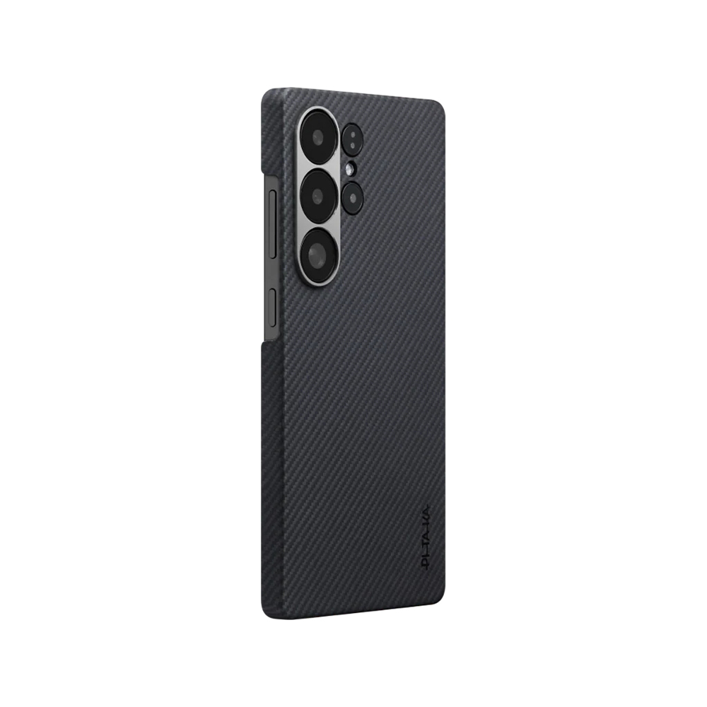 [RNZ-TA114483] Samsung Galaxy S25 Ultra Uyumlu Kılıf M-safe Şarj Özellikli 600D Aramid Fiber Pitaka Ultra-Slim Classic Serisi Black-Grey Twill Kapak