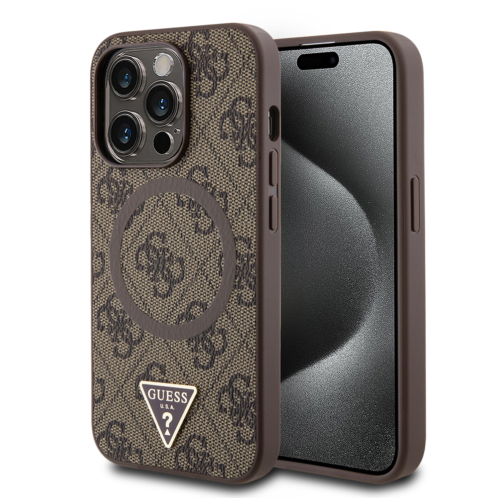 Apple iPhone 14 Pro Max Uyumlu Kılıf Guess Orjinal Lisanslı M-safe Şarj Özellikli PU Üçgen Logo 4G Desenli Kapak