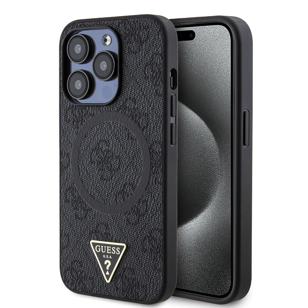 [RNZ-TA113488] Apple iPhone 14 Pro Max Uyumlu Kılıf Guess Orjinal Lisanslı M-safe Şarj Özellikli PU Üçgen Logo 4G Desenli Kapak (Siyah)