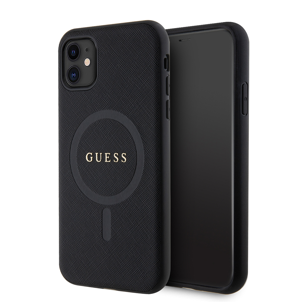 Apple iPhone 11 Uyumlu Kılıf Guess Orjinal Lisanslı M-safe Şarj Özellikli Yazı Logolu Saffiano Classic Kapak