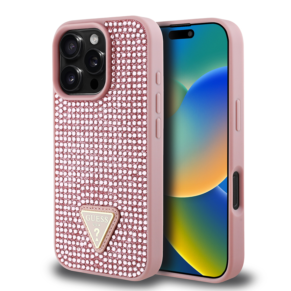 Apple iPhone 16 Pro Max Uyumlu Kılıf Guess Orjinal Lisanslı Taşlı Arka Yüzey Üçgen Logolu Kapak
