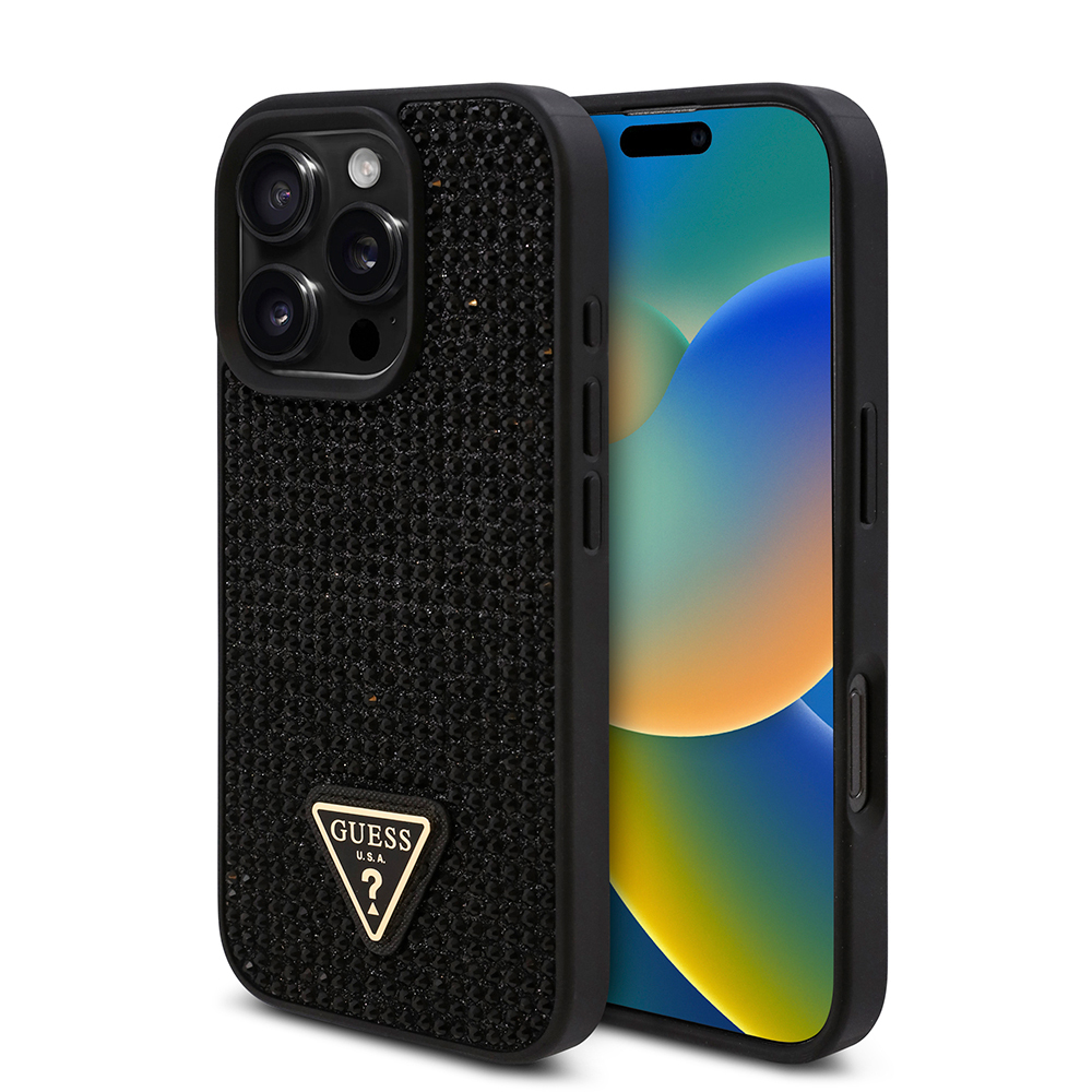 Apple iPhone 16 Pro Max Uyumlu Kılıf Guess Orjinal Lisanslı Taşlı Arka Yüzey Üçgen Logolu Kapak