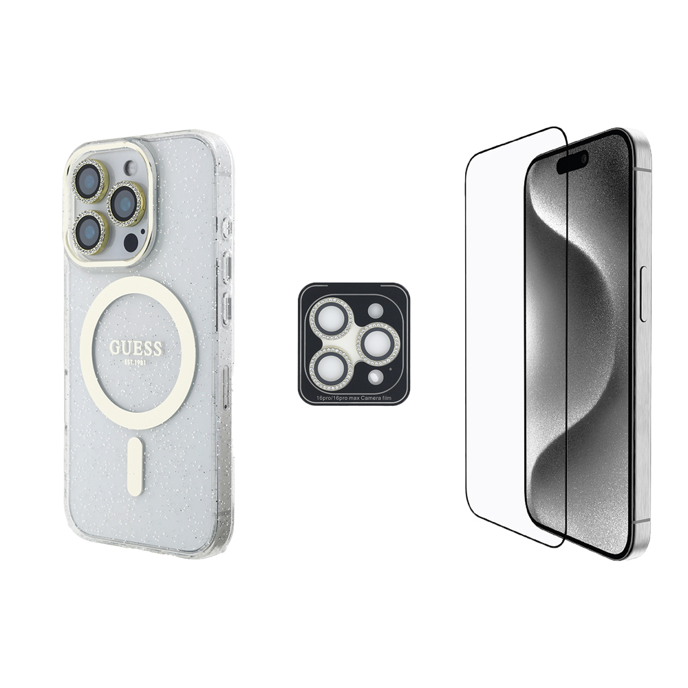Apple iPhone 16 Pro Max Uyumlu Guess Orjinal Lisanslı 3'lü Aksesuar Seti IML Baskılı Simli Glitter Kılıf + Ekran Koruyucu + Lens Koruyucu
