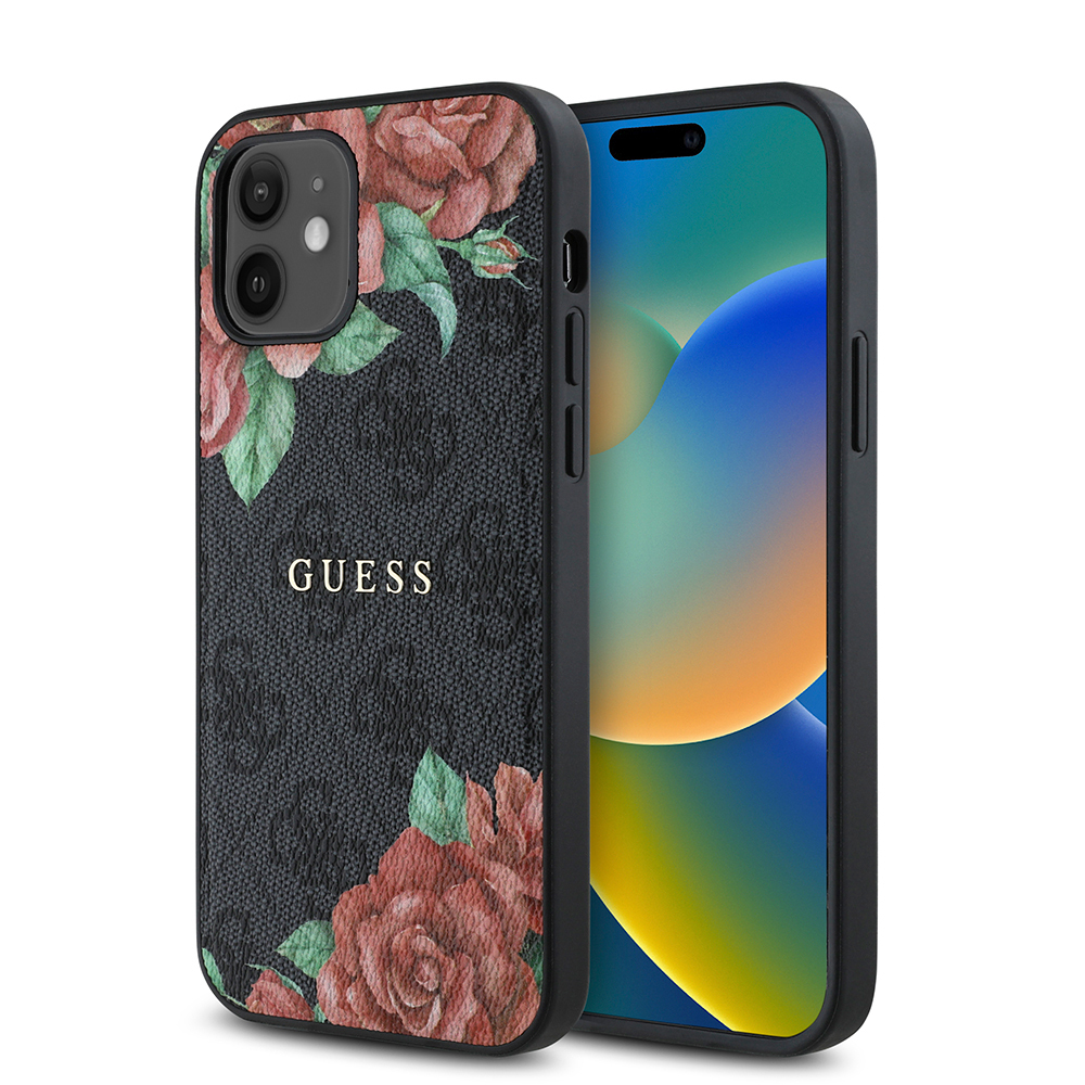 Apple iPhone 12 Uyumlu Kılıf Guess Orjinal Lisanslı M-safe Şarj Özellikli Gül Baskılı 4G Desenli Yazı Logolu Kapak