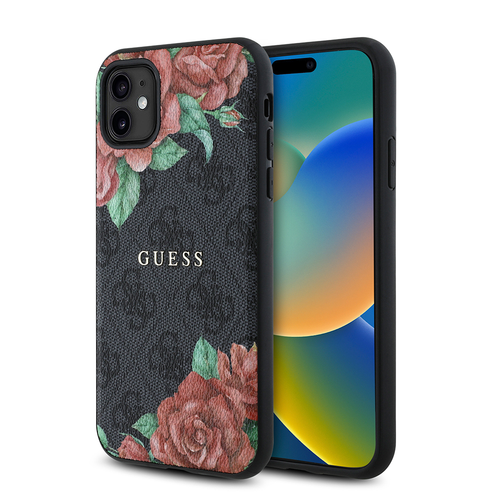 [RNZ-TA113455] Apple iPhone 11 Uyumlu Kılıf Guess Orjinal Lisanslı M-safe Uyumlu Gül Baskılı 4G Desenli Yazı Logolu Kapak (Siyah)