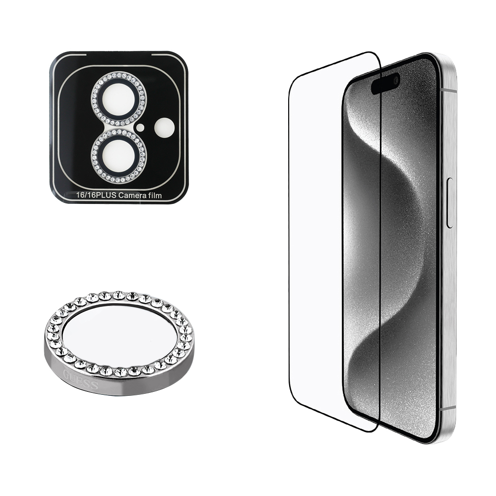 Apple iPhone 16 Uyumlu Guess Orjinal Lisanslı Rhinestone Ekran Koruyucu + Lens Koruyucu 2in1 Aksesuar Seti