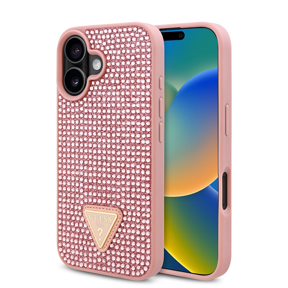 Apple iPhone 16 Uyumlu Kılıf Guess Orjinal Lisanslı Taşlı Arka Yüzey Üçgen Logolu Kapak