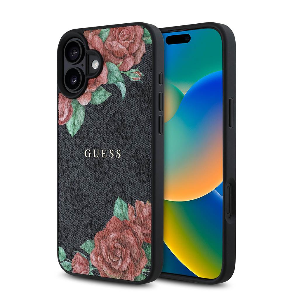 Apple iPhone 16 Uyumlu Kılıf Guess Orjinal Lisanslı M-safe Şarj Özellikli Gül Baskılı 4G Desenli Yazı Logolu Kapak