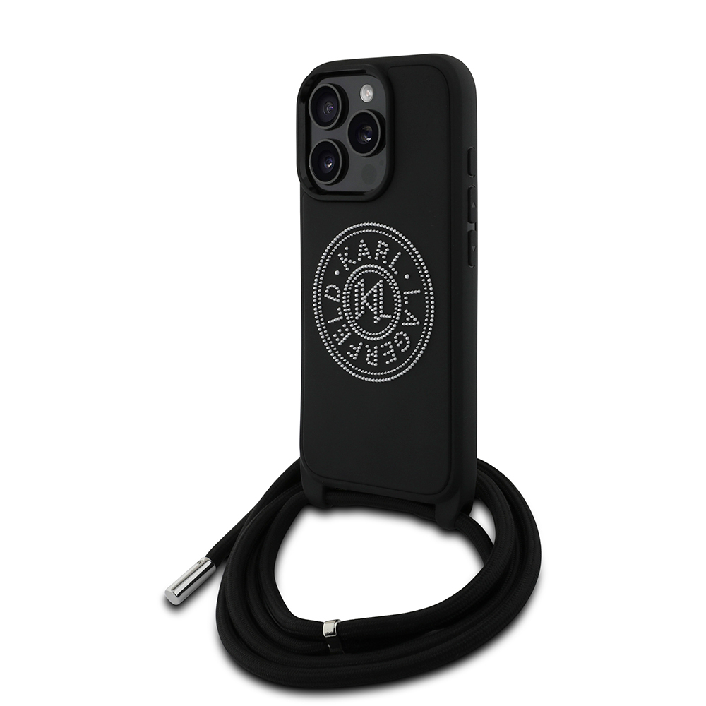 [RNZ-TA113392] Apple iPhone 16 Pro Max Uyumlu Kılıf Karl Lagerfeld Orjinal Lisanslı Askı İpli Taşlı KL Yazılı Crossbody Cord Kapak