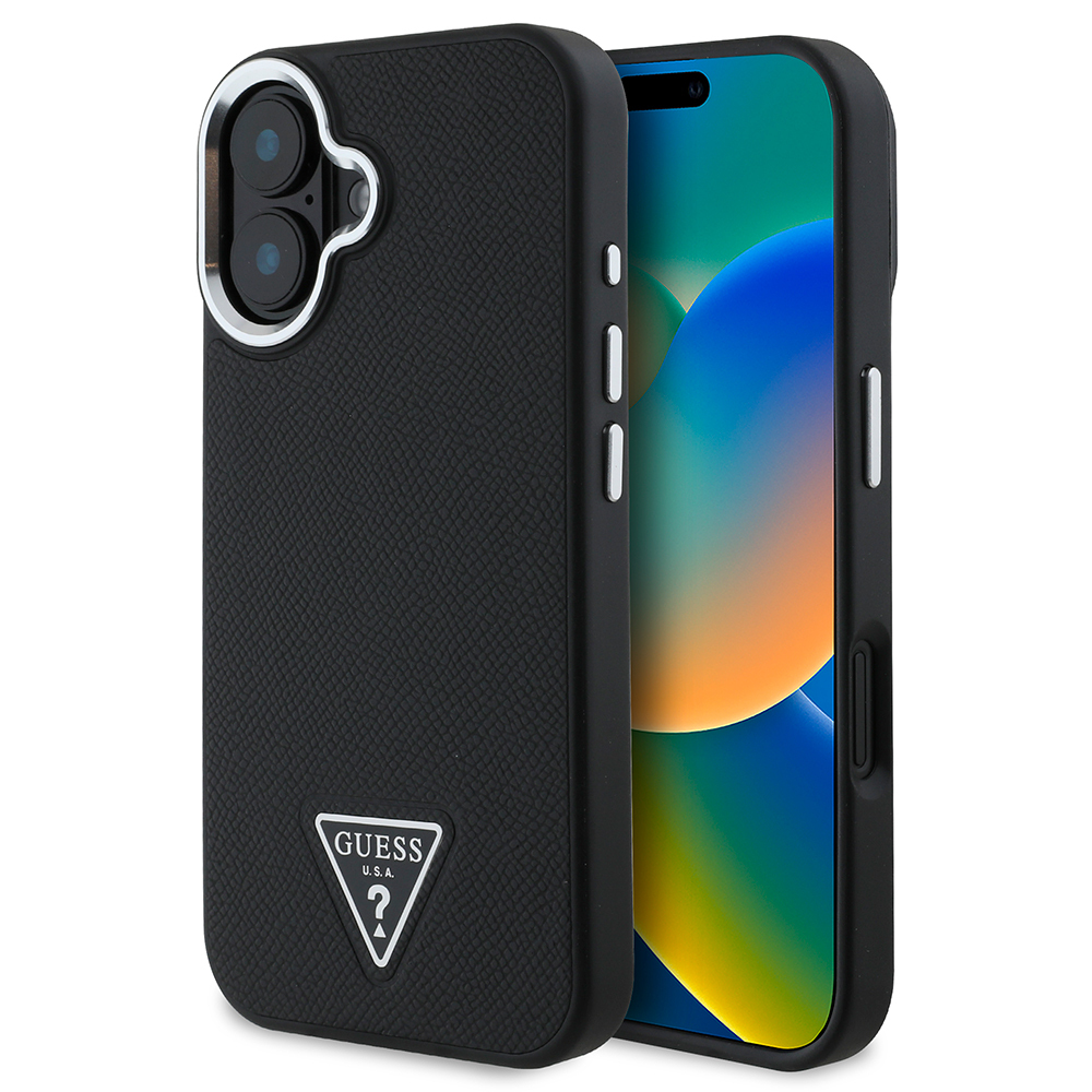 [RNZ-TA113433] Apple iPhone 16 Plus Uyumlu Kılıf Guess Orjinal Lisanslı M-safe Şarj Özellikli Grained Triangle Kapak (Siyah)