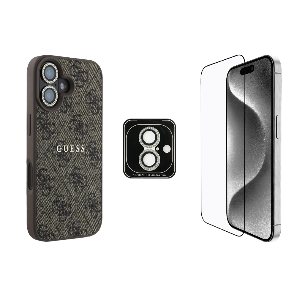 Apple iPhone 16 Uyumlu Guess Orjinal Lisanslı Kılıf + Ekran Koruyucu + Lens Koruyucu 3in1 Aksesuar Seti