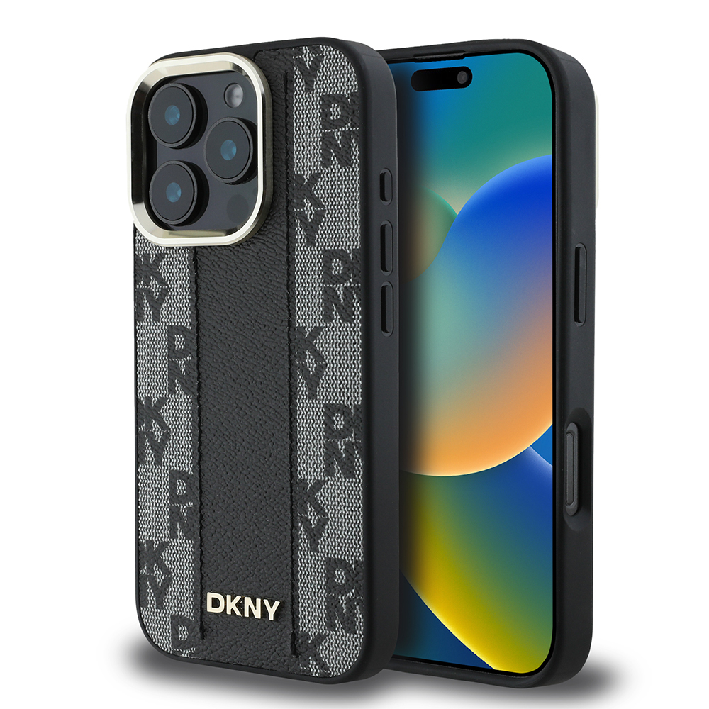[ZTA113412] Apple iPhone 16 Pro Uyumlu Kılıf DKNY Orjinal Lisanslı M-safe Şarj Özellikli 3D Yazılı Checkered Pattern Kapak (Siyah)