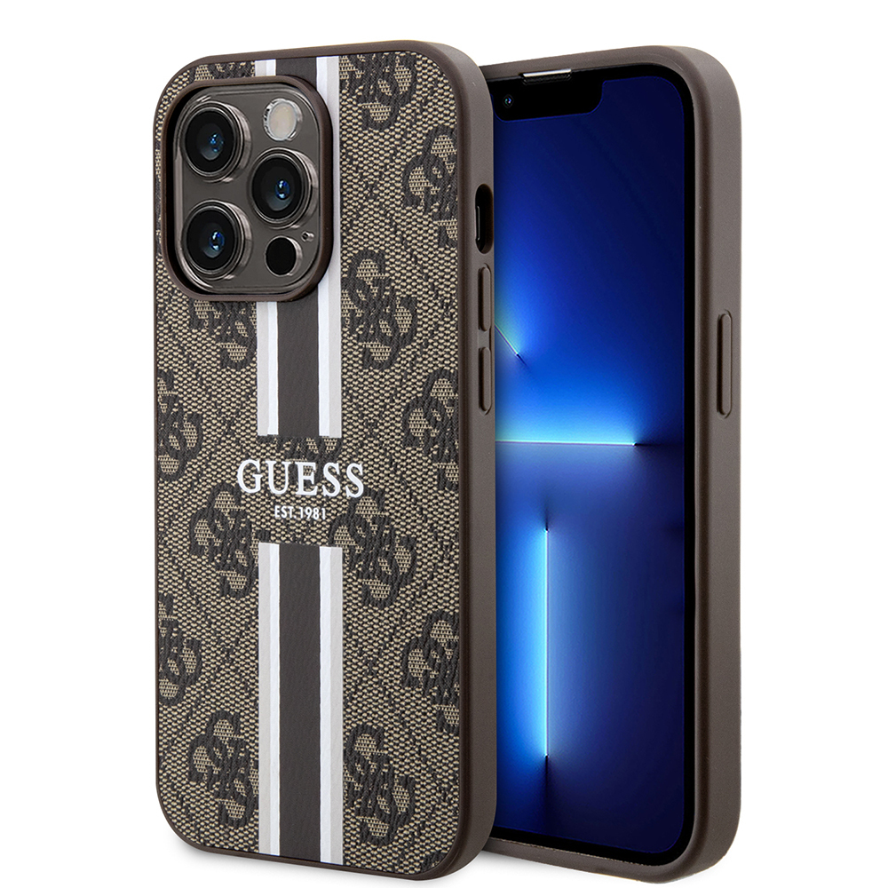 Apple iPhone 15 Pro Uyumlu Kılıf Guess Orjinal Lisanslı M-safe Şarj Özellikli 4G Şerit Tasarımlı Printed Kapak