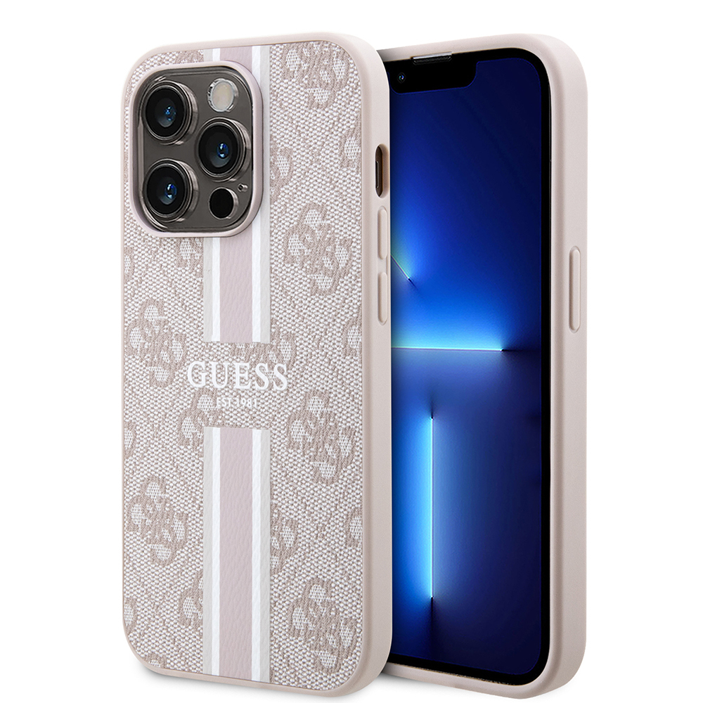 Apple iPhone 15 Pro Uyumlu Kılıf Guess Orjinal Lisanslı M-safe Şarj Özellikli 4G Şerit Tasarımlı Printed Kapak