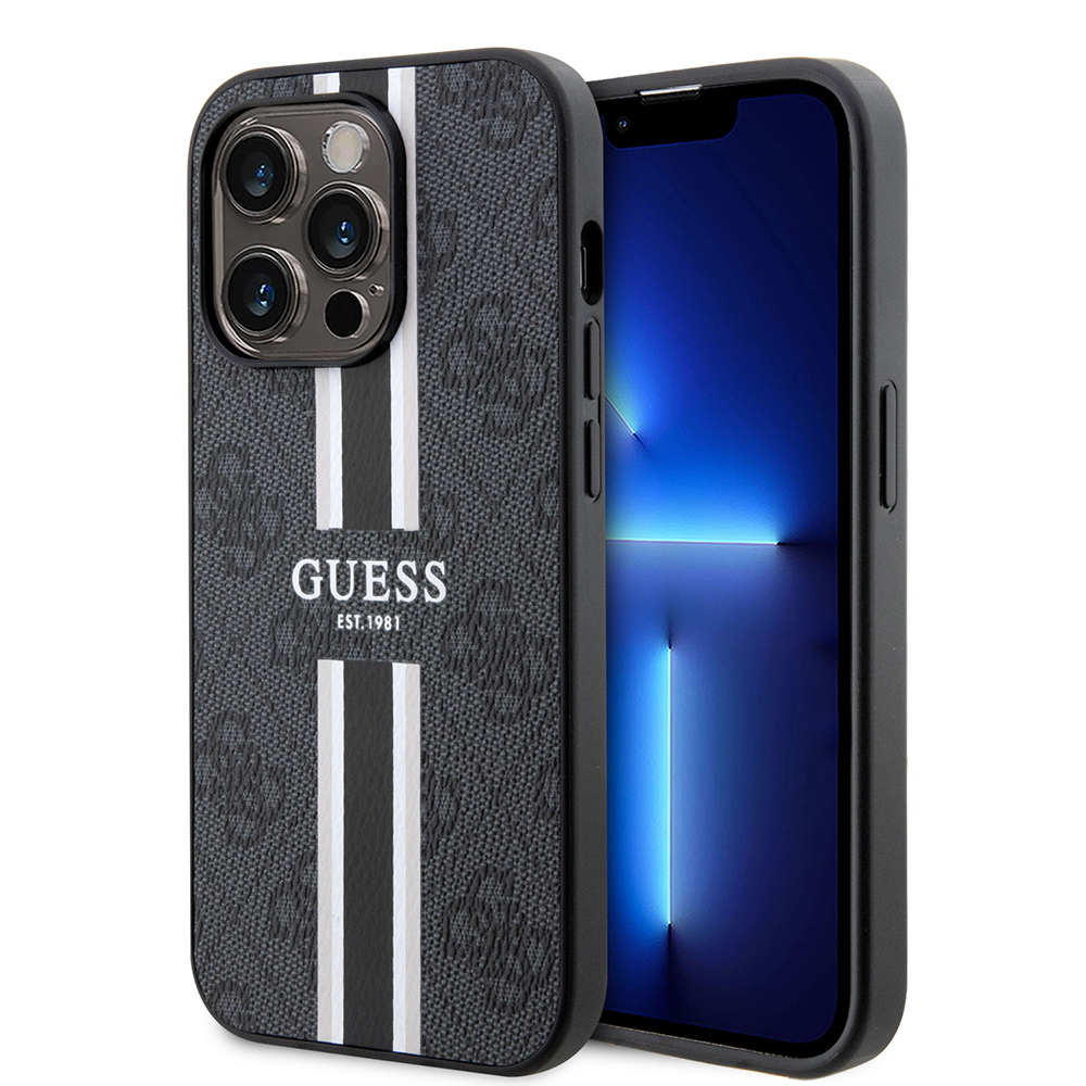 Apple iPhone 15 Pro Uyumlu Kılıf Guess Orjinal Lisanslı M-safe Şarj Özellikli 4G Şerit Tasarımlı Printed Kapak