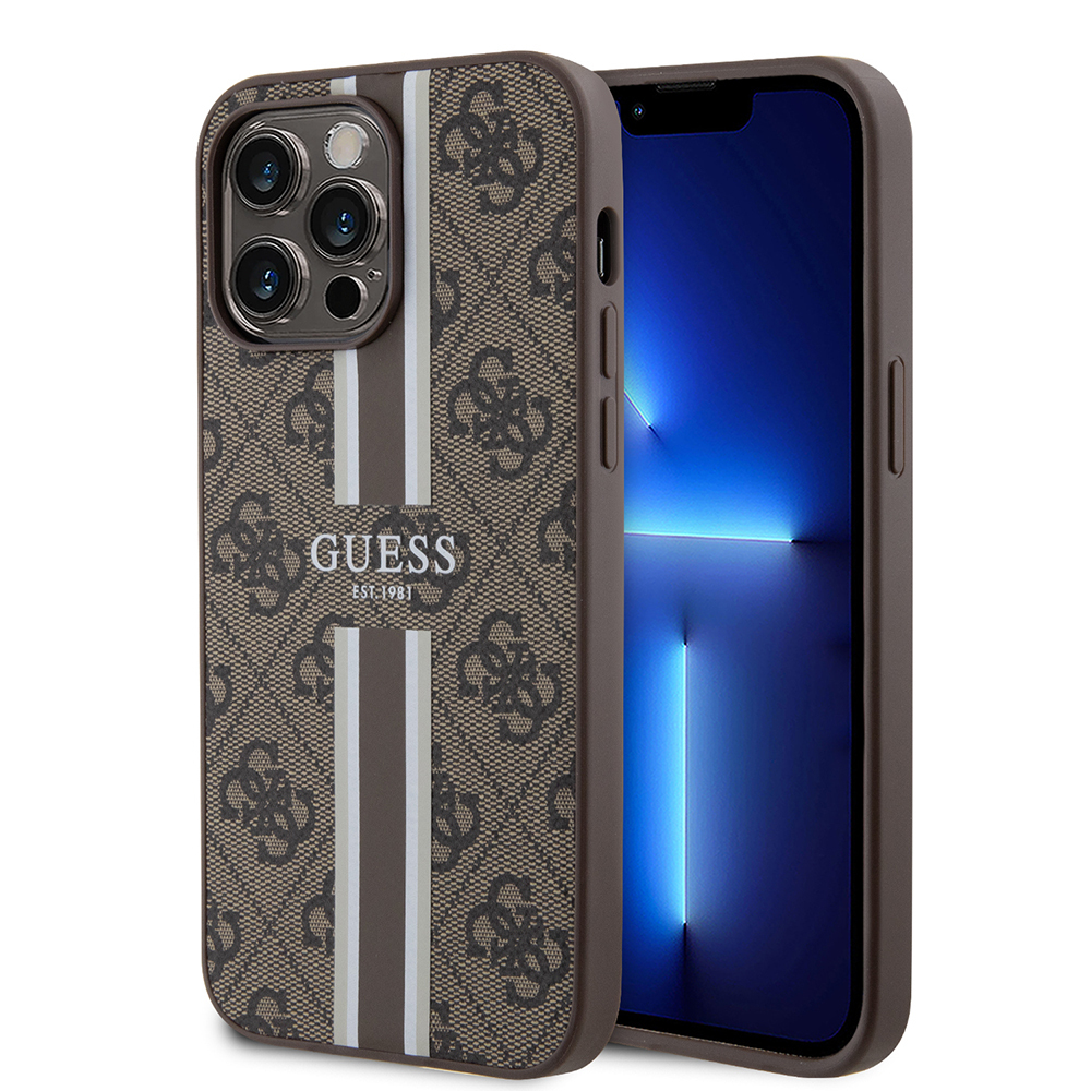 Apple iPhone 15 Pro Max Uyumlu Kılıf Guess Orjinal Lisanslı M-safe Şarj Özellikli 4G Şerit Tasarımlı Printed Kapak