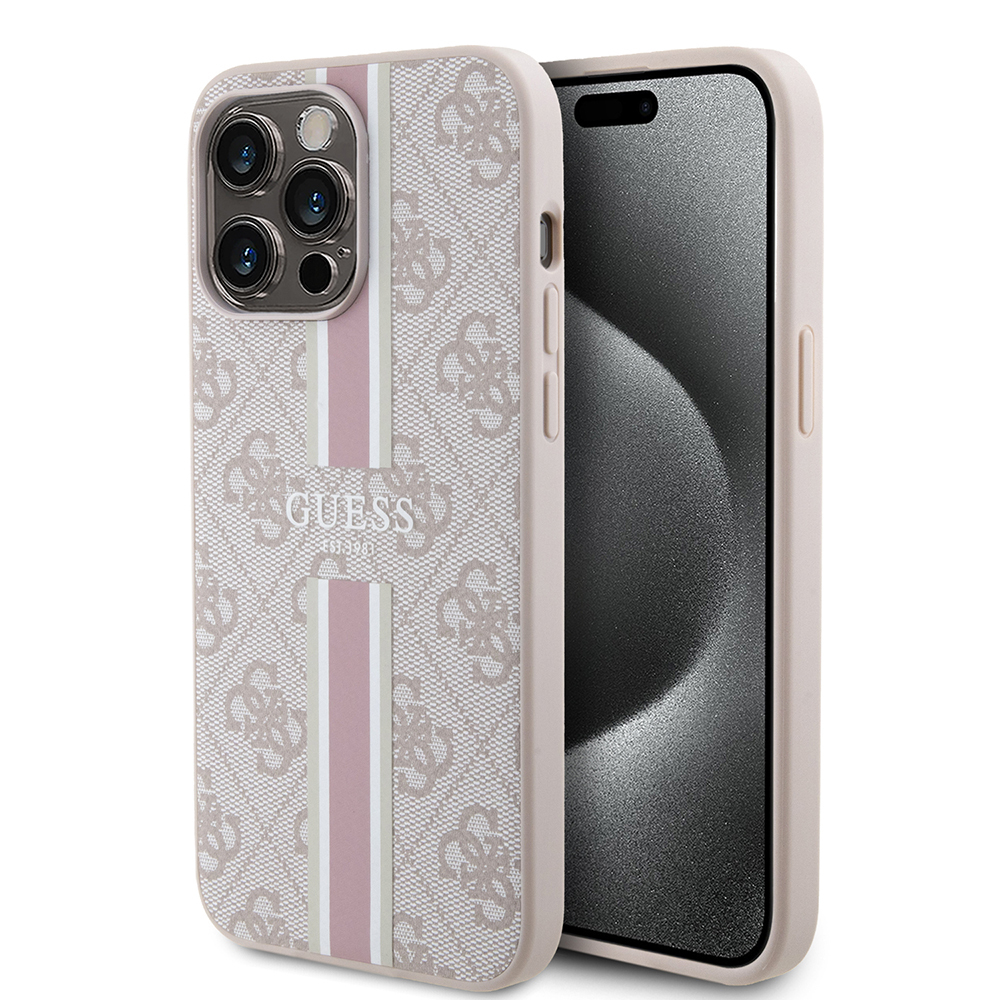 Apple iPhone 15 Pro Max Uyumlu Kılıf Guess Orjinal Lisanslı M-safe Şarj Özellikli 4G Şerit Tasarımlı Printed Kapak