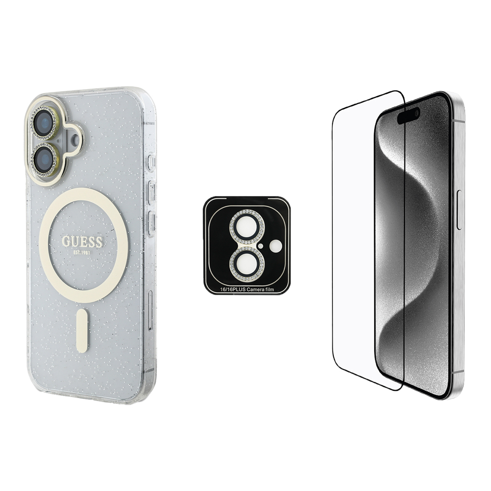 [RNZ-TA113561] Apple iPhone 16 Uyumlu Guess Orjinal Lisanslı 3'lü Aksesuar Seti IML Baskılı Simli Glitter Kılıf + Ekran Koruyucu + Lens Koruyucu