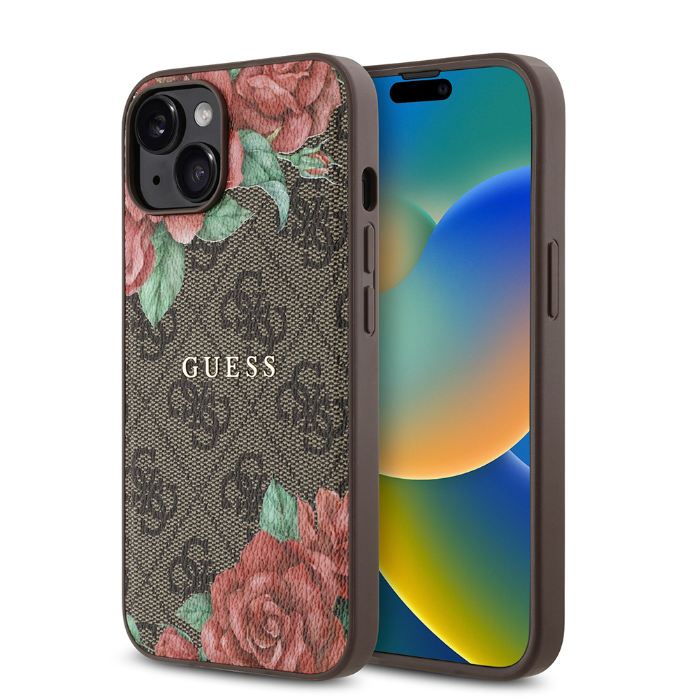 Apple iPhone 14 Uyumlu Kılıf Guess Orjinal Lisanslı M-safe Şarj Özellikli Gül Baskılı 4G Desenli Yazı Logolu Kapak