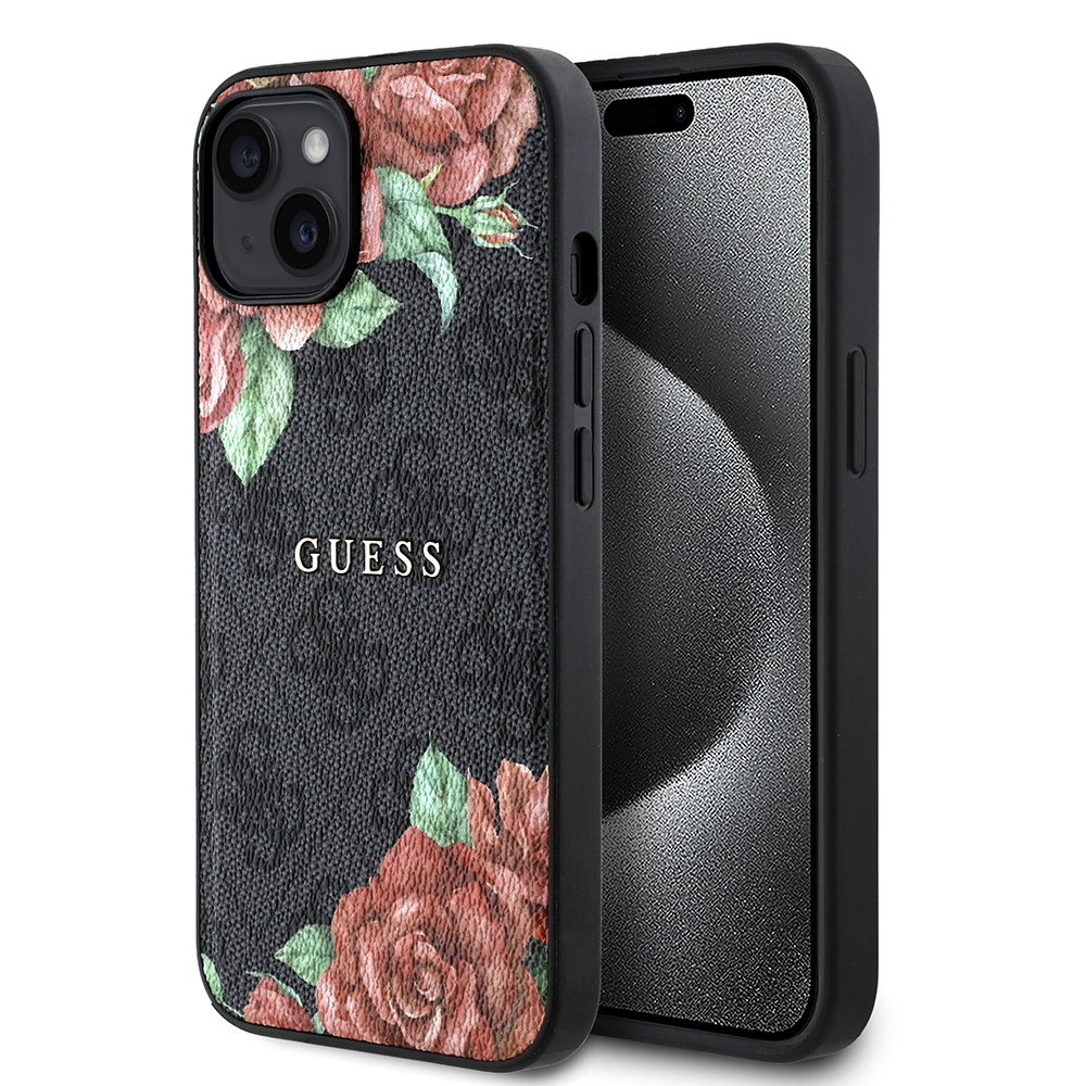 Apple iPhone 14 Uyumlu Kılıf Guess Orjinal Lisanslı M-safe Şarj Özellikli Gül Baskılı 4G Desenli Yazı Logolu Kapak