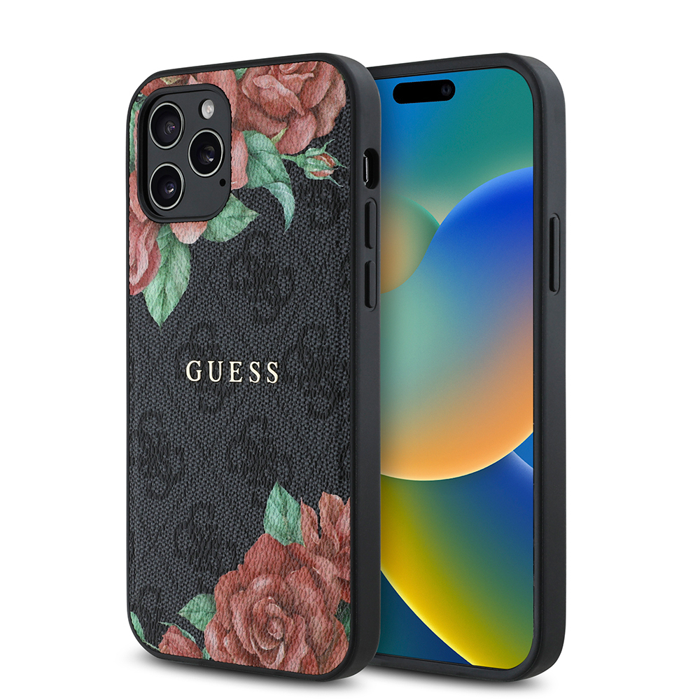 Apple iPhone 12 Pro Uyumlu Kılıf Guess Orjinal Lisanslı M-safe Şarj Özellikli Gül Baskılı 4G Desenli Yazı Logolu Kapak
