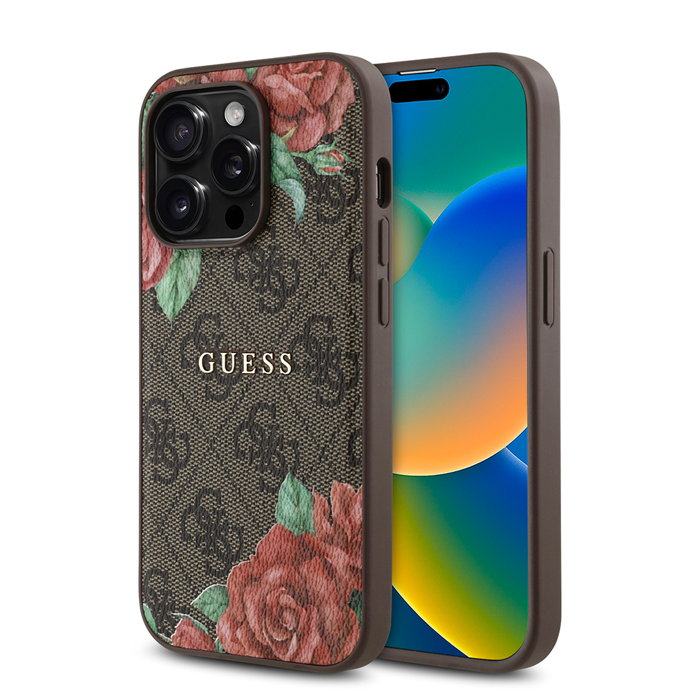 Apple iPhone 14 Pro Uyumlu Kılıf Guess Orjinal Lisanslı M-safe Şarj Özellikli Gül Baskılı 4G Desenli Yazı Logolu Kapak