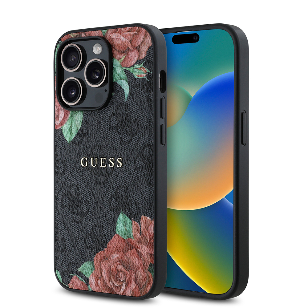 Apple iPhone 14 Pro Uyumlu Kılıf Guess Orjinal Lisanslı M-safe Şarj Özellikli Gül Baskılı 4G Desenli Yazı Logolu Kapak