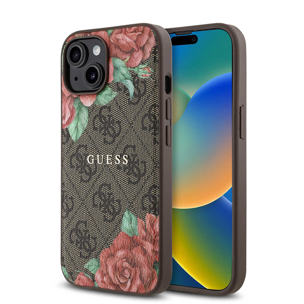 Apple iPhone 15 Uyumlu Kılıf Guess Orjinal Lisanslı M-safe Şarj Özellikli Gül Baskılı 4G Desenli Yazı Logolu Kapak