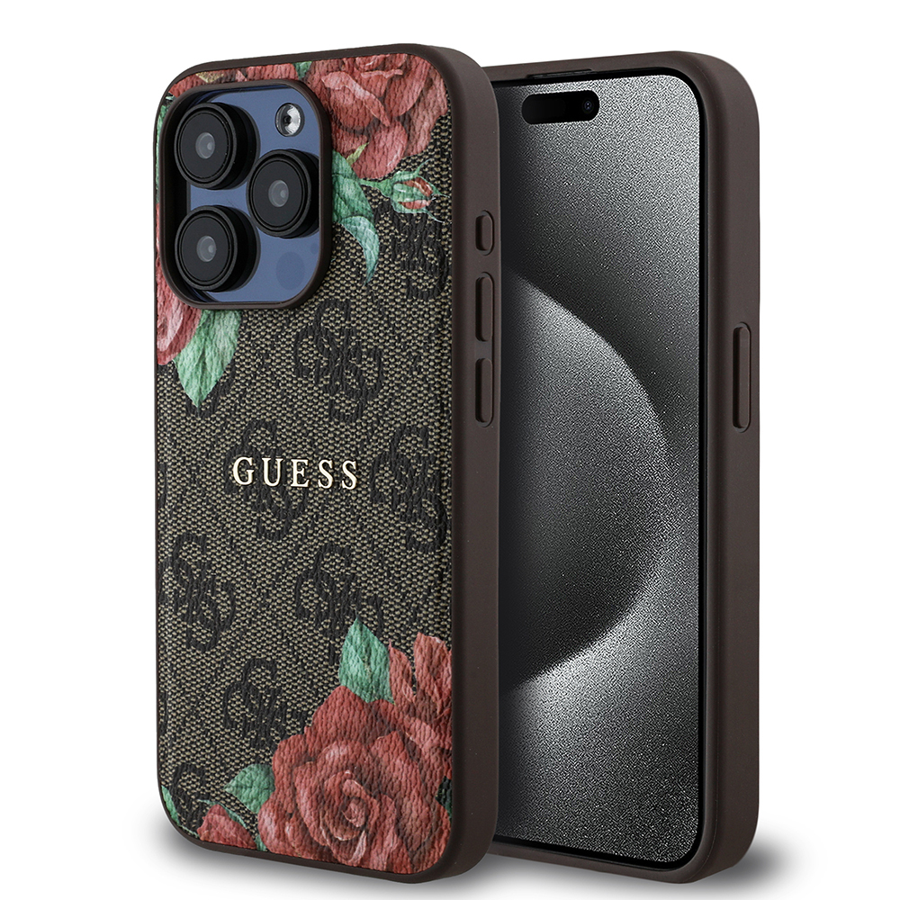 Apple iPhone 15 Pro Uyumlu Kılıf Guess Orjinal Lisanslı M-safe Şarj Özellikli Gül Baskılı 4G Desenli Yazı Logolu Kapak