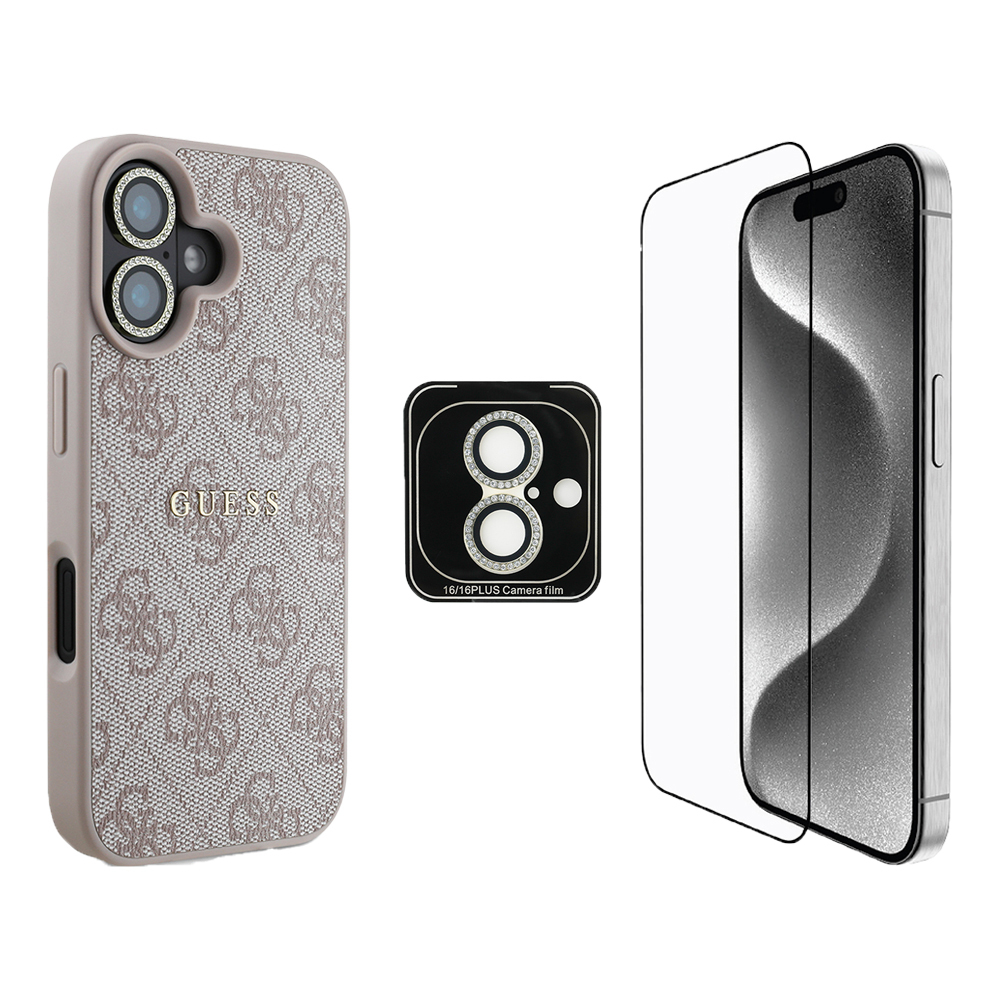 Apple iPhone 16 Plus Uyumlu Guess Orjinal Lisanslı Kılıf + Ekran Koruyucu + Lens Koruyucu 3in1 Aksesuar Seti