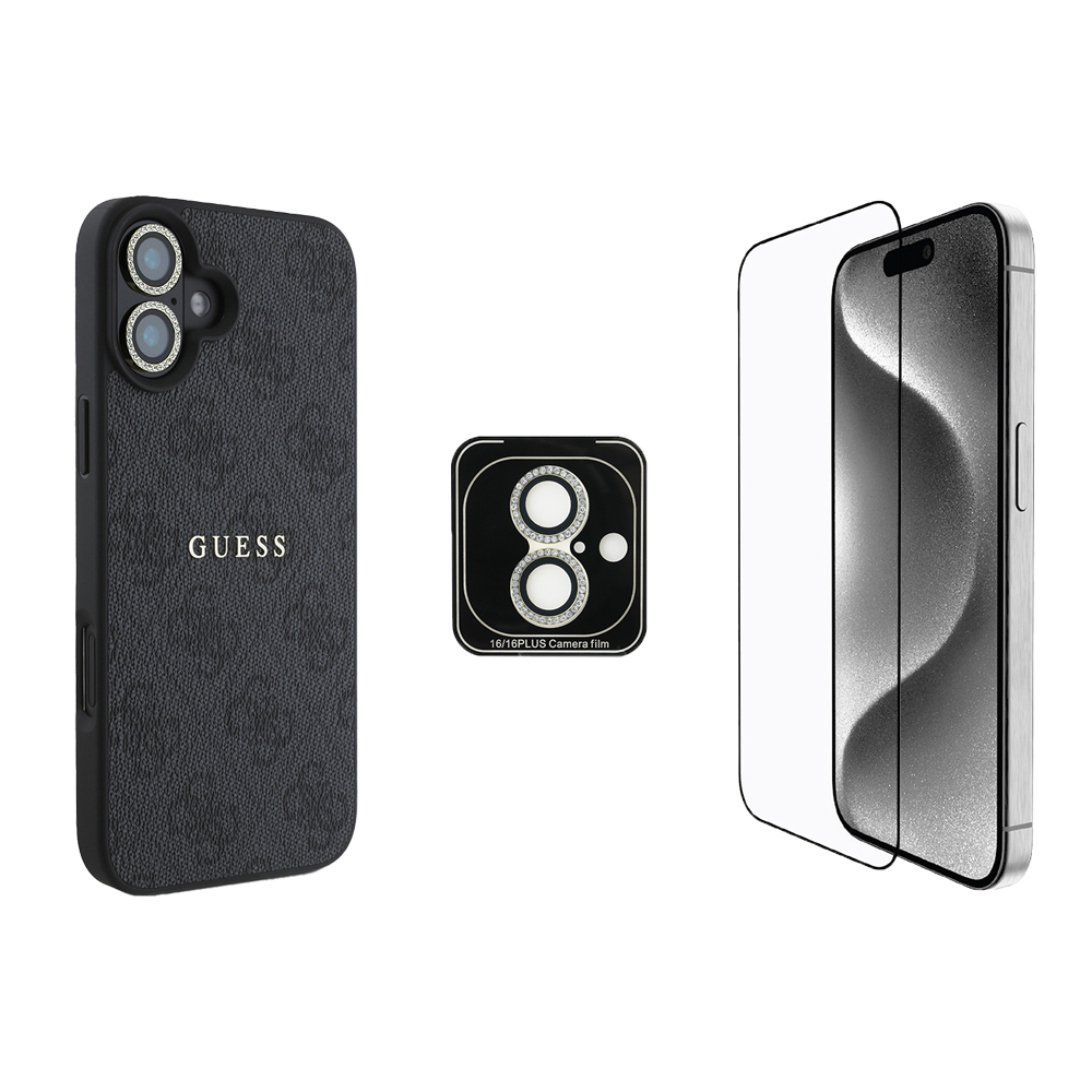 Apple iPhone 16 Plus Uyumlu Guess Orjinal Lisanslı Kılıf + Ekran Koruyucu + Lens Koruyucu 3in1 Aksesuar Seti