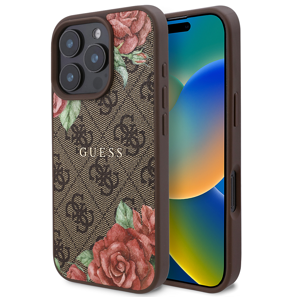 Apple iPhone 16 Pro Uyumlu Kılıf Guess Orjinal Lisanslı M-safe Şarj Özellikli Gül Baskılı 4G Desenli Yazı Logolu Kapak