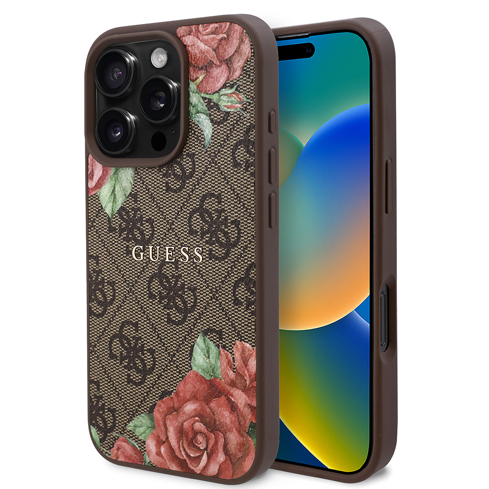Apple iPhone 16 Pro Max Uyumlu Kılıf Guess Orjinal Lisanslı M-safe Şarj Özellikli Gül Baskılı 4G Desenli Yazı Logolu Kapak