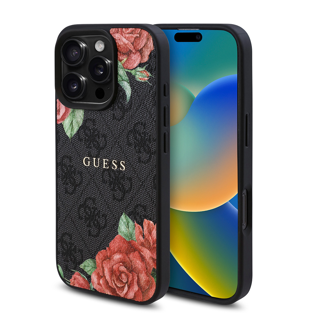 Apple iPhone 16 Pro Max Uyumlu Kılıf Guess Orjinal Lisanslı M-safe Şarj Özellikli Gül Baskılı 4G Desenli Yazı Logolu Kapak
