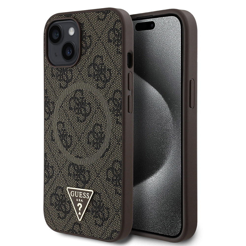 Apple iPhone 15 Uyumlu Kılıf Guess Orjinal Lisanslı M-safe Şarj Özellikli PU Üçgen Logo 4G Desenli Kapak