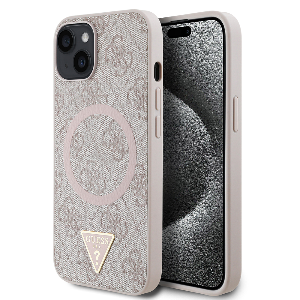 Apple iPhone 15 Uyumlu Kılıf Guess Orjinal Lisanslı M-safe Şarj Özellikli PU Üçgen Logo 4G Desenli Kapak