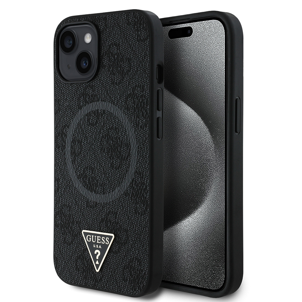 [RNZ-TA113491] Apple iPhone 15 Uyumlu Kılıf Guess Orjinal Lisanslı M-safe Şarj Özellikli PU Üçgen Logo 4G Desenli Kapak (Siyah)