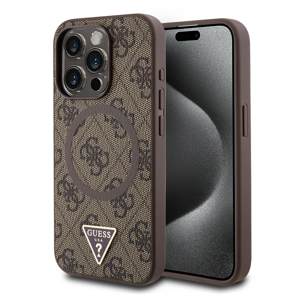 Apple iPhone 15 Pro Uyumlu Kılıf Guess Orjinal Lisanslı M-safe Şarj Özellikli PU Üçgen Logo 4G Desenli Kapak