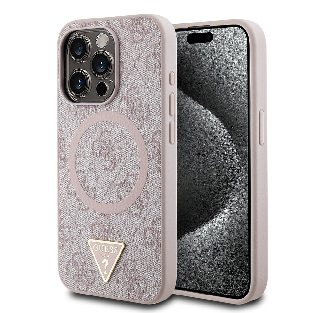 Apple iPhone 15 Pro Max Uyumlu Kılıf Guess Orjinal Lisanslı M-safe Şarj Özellikli PU Üçgen Logo 4G Desenli Kapak