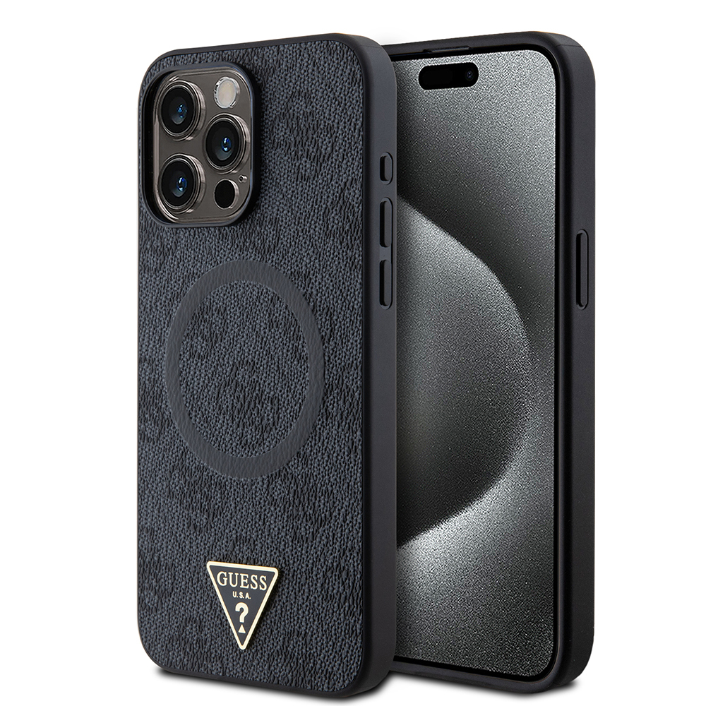 Apple iPhone 15 Pro Max Uyumlu Kılıf Guess Orjinal Lisanslı M-safe Şarj Özellikli PU Üçgen Logo 4G Desenli Kapak