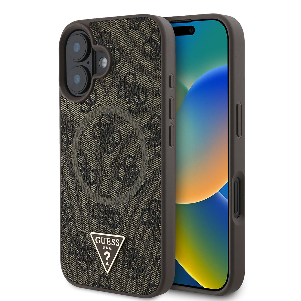 Apple iPhone 16 Uyumlu Kılıf Guess Orjinal Lisanslı M-safe Şarj Özellikli PU Üçgen Logo 4G Desenli Kapak