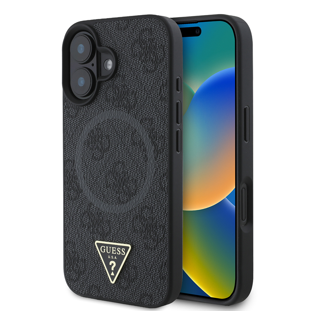 Apple iPhone 16 Uyumlu Kılıf Guess Orjinal Lisanslı M-safe Şarj Özellikli PU Üçgen Logo 4G Desenli Kapak
