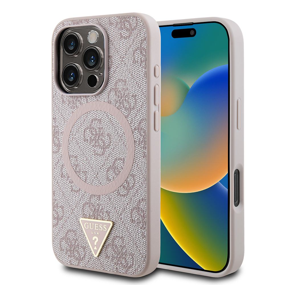 Apple iPhone 16 Pro Max Uyumlu Kılıf Guess Orjinal Lisanslı M-safe Şarj Özellikli PU Üçgen Logo 4G Desenli Kapak