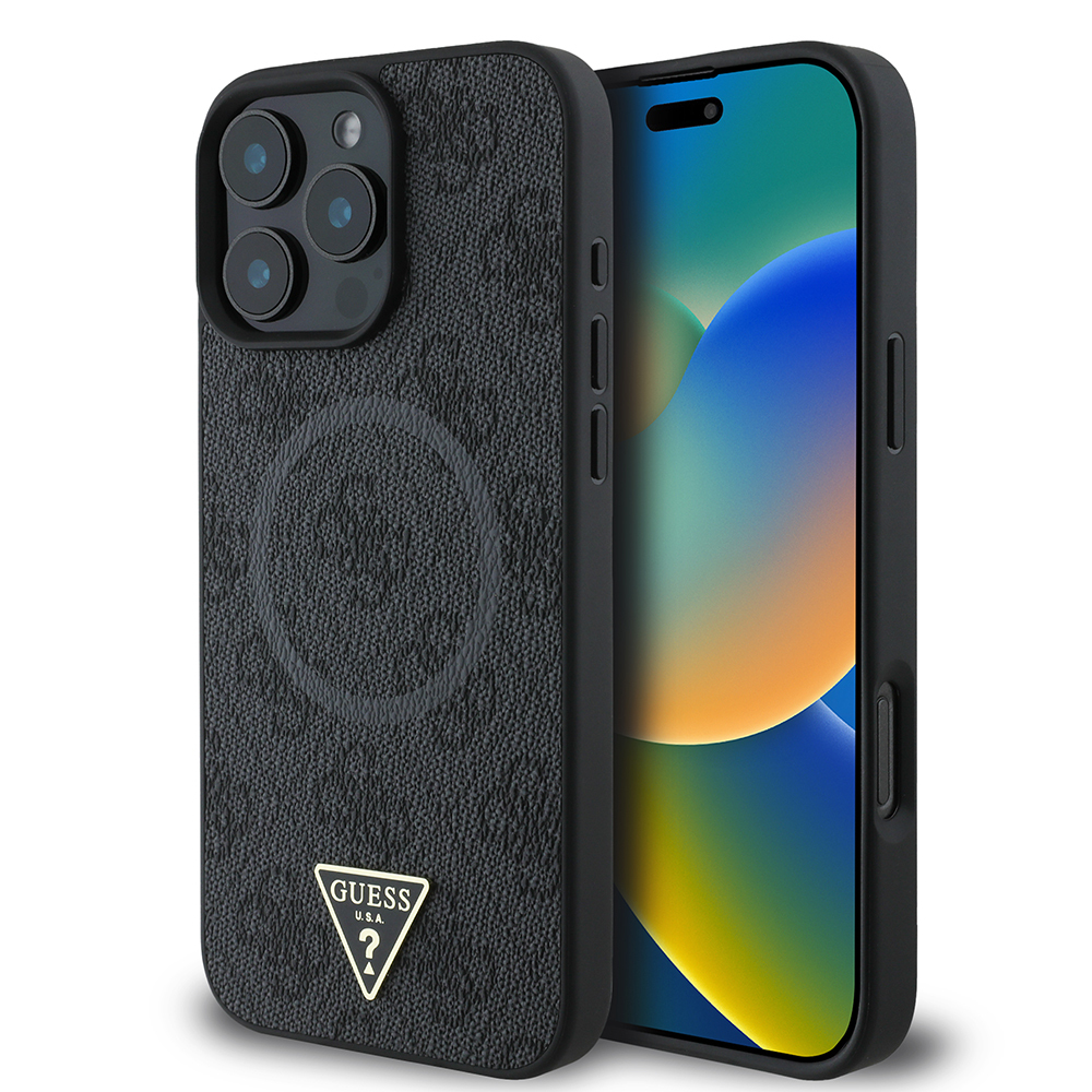 [RNZ-TA113509] Apple iPhone 16 Pro Max Uyumlu Kılıf Guess Orjinal Lisanslı M-safe Şarj Özellikli PU Üçgen Logo 4G Desenli Kapak (Siyah)