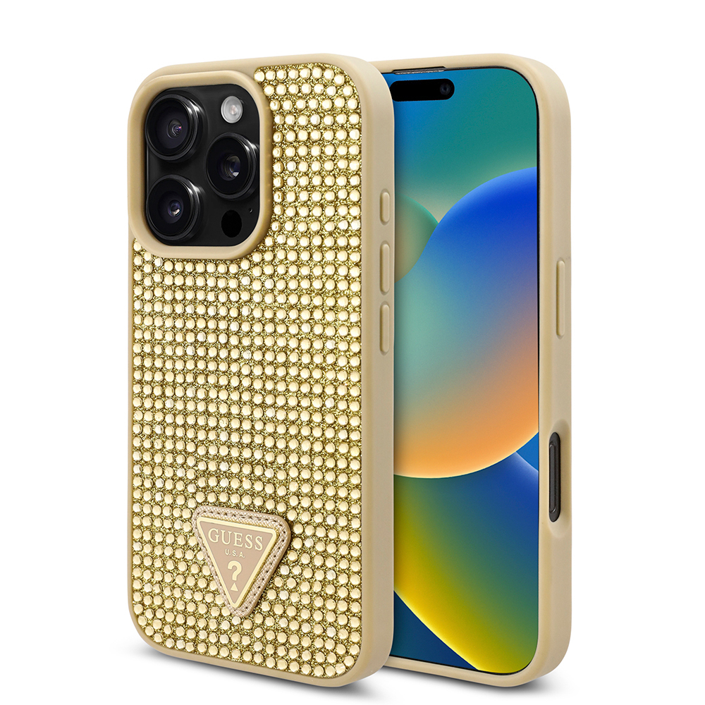 Apple iPhone 16 Pro Uyumlu Kılıf Guess Orjinal Lisanslı Taşlı Arka Yüzey Üçgen Logolu Kapak